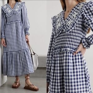 NWT Sea New York Gina Gingham Smocked Ruffle Cottagecore Midi Dress, M